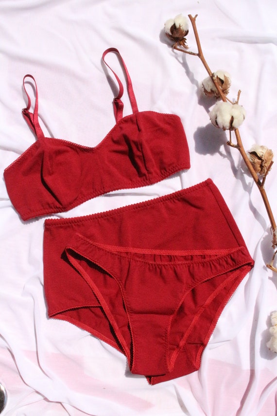 Cherry Red Cotton Underwear Set for Women / Organic Cotton Wireless  Bralette / Cherry Red Cotton Lingerie Set / Cotton Bralette High Waisted 