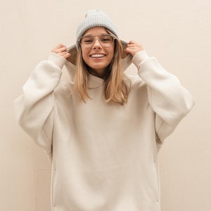 Gray-beige plain essential hoodie for women, basic aesthetic oversized fleece pullover hoodie