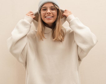 Gray-beige plain essential hoodie for women, basic aesthetic oversized fleece pullover hoodie