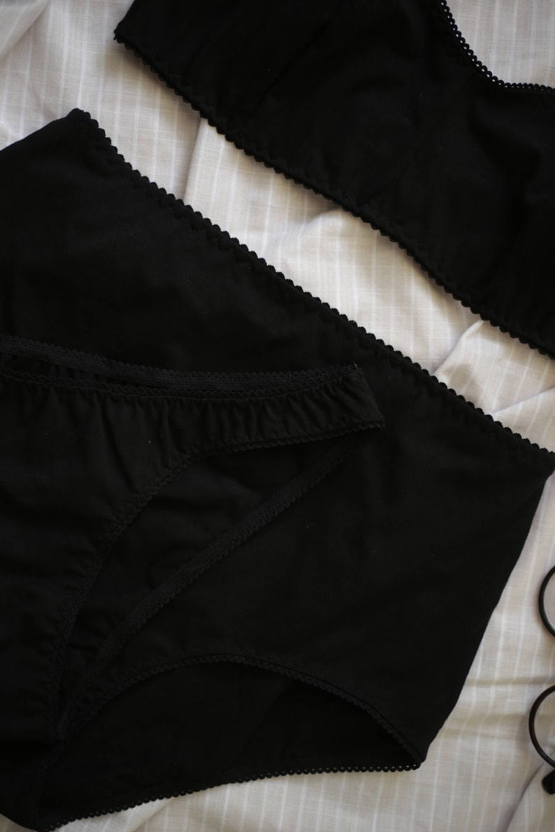 Black cotton lingerie set / Organic cotton wireless bralette / Comfortable woman's underwear / Cotton high waisted panties / Bra and panties image 7