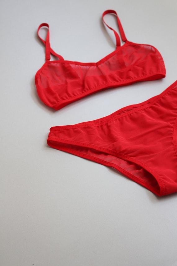 Red Mesh See Through Lingerie Set, Transparent Mesh Lingerie