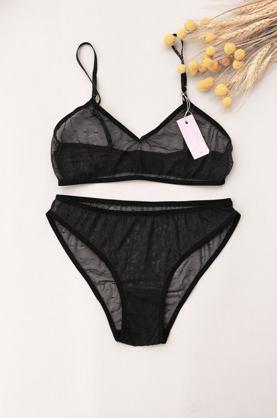 Sexy Black Polka Dot Mesh Lingerie Set / Sexy See Through Underwear Set /  Black Mesh Bra Panty Set / See Through Transparent Black Lingerie 