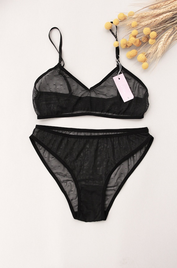 Sexy Black Polka Dot Mesh Lingerie Set / Sexy See Through