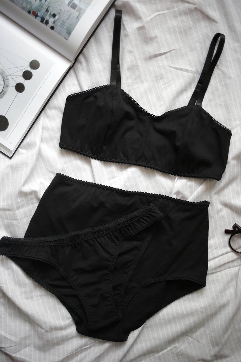 Black cotton lingerie set / Organic cotton wireless bralette / Comfortable woman's underwear / Cotton high waisted panties / Bra and panties image 6