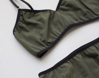 Khaki cotton underwear set for woman / Khaki comfortable cotton lingerie / cotton wireless bralette / khaki organic cotton bra panties set