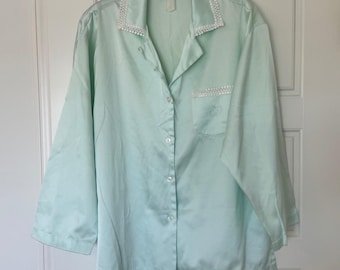 Vintage Christian Dior Satin Pajama Top/Nightshirt LG Seafoam Green Embroidered