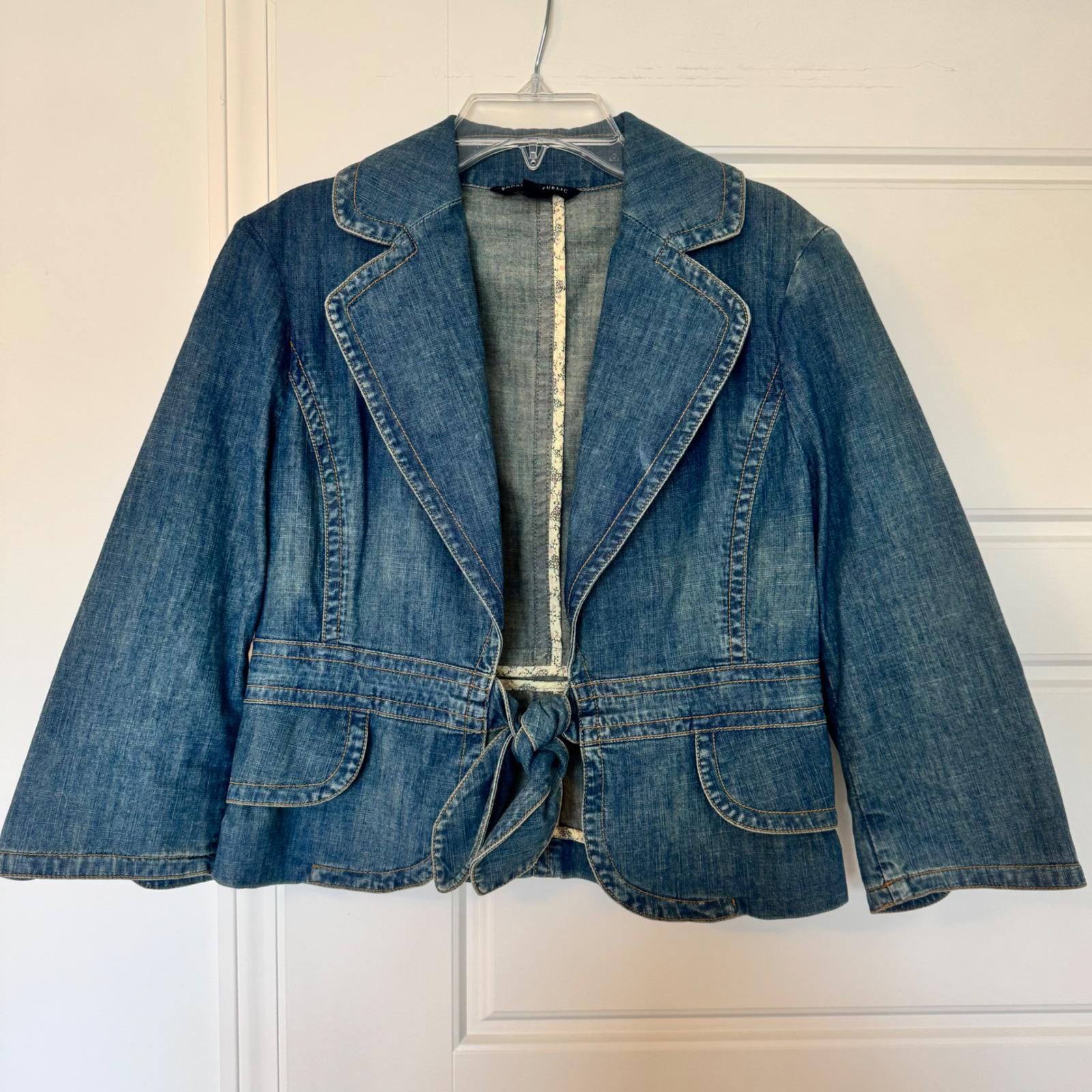 Banana Republic Vintage Y2K 2005Tie Bow Denim Jacket Boho Hippie Size 4 Stretch