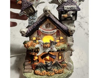 1990s Haunted Haven Halloween Village House Porcelain Lighted Ghosts Skulls EUC