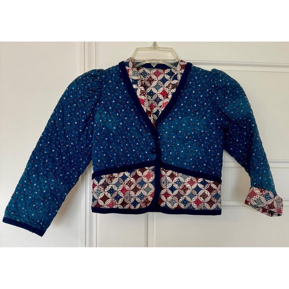 Vintage Childrens Quilted Patchwork Jacket Blue Ditsy Floral Puffed Sleeve Crop