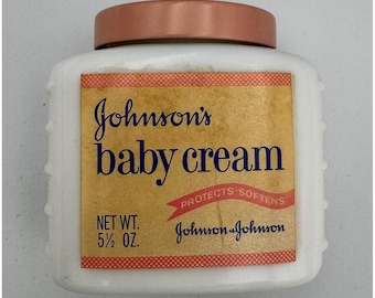 Vtg 1950s Johnsons Baby Cream Milk Glass Jar Pink Metal Lid 5.5oz Half Full Prop
