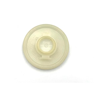 May include: A circular, semi-translucent off-white plastic lid featuring a central raised circular spout with a hinged cap. The surface displays embossed text including the word Tupperware and various manufacturing markings in the center.
