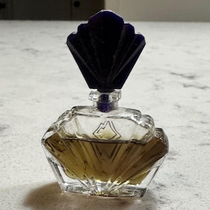 May include: A small, clear glass perfume bottle with a dark blue, fan-shaped stopper. The bottle has a geometric design and contains a golden-colored liquid. A mountain-like logo is visible on the front of the bottle.