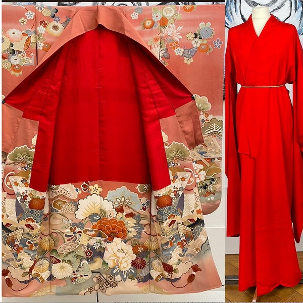 Antieke Kimono SET Prachtige FURISODE met Nagajyuban jaren 1920 perfect met de hand gestikt roze met 5 maanden