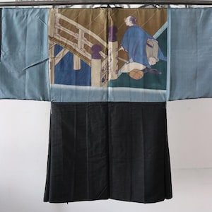 Vintage Kimono Haori aus Seide – handgenäht, Samurai-Motiv, Wanddeko Japan, Tsumugi-Stoff, Herrenjacke Unikat