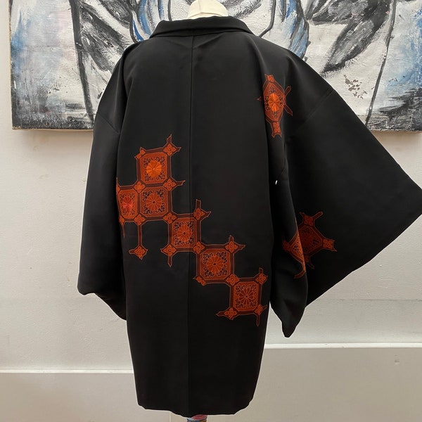 Original handgenähter japanischer Kimono HAORI Eba Moyo aus 100% Seide Schwarz Chrysantheme