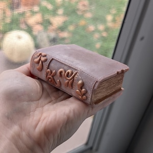May include: A small, pink book with gold accents and a detailed design. The book is closed and has a worn, vintage look. Book Wax Melt Bookish Decor Book Lover Gift Bookish Wax Melt Cozy Gift for Teacher Booktok Fantasy Lovers Literary Decor Gifts for Readers