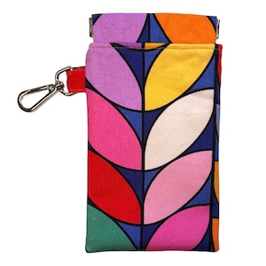 May include: A colourful geometric patterned fabric pouch with a zipper closure and a metal clip. The pouch is made of a durable fabric and has a bright, modern design.