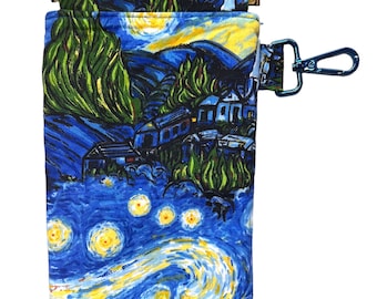 May include: A blue and yellow fabric pouch with a print of Van Gogh's Starry Night. The pouch has a zipper closure and a blue metal clip.