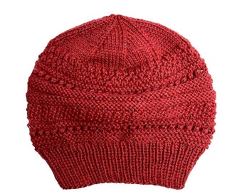 Beanie, hand knitted red speckled yarn woollen hat