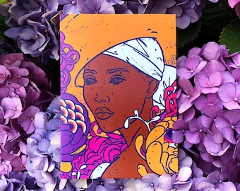 Art greeting girl cards, Artist's mail card, Flower girl postcard, Black woman postcards, Summer flowers greeting, Illustrated mini prints