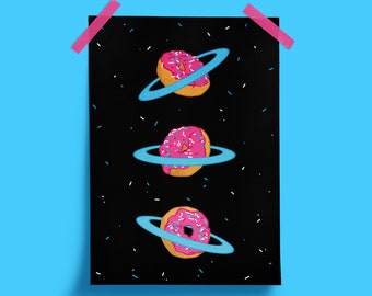 Galaxy Donut art- Cosmic print - Funny food gift- Foodie illustration- Stars poster - Wall Hangings- Galaxy Donuts prints- Home office