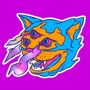 May include: A sticker featuring a cartoon cat with three eyes, a rainbow tongue, and a blue and orange colour scheme.