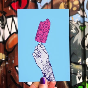 Ansichtkaart ijshersenen, postkaarten zombie eten, grappige cadeaus voor vrienden, wenskaart, mini vloekkunstdruk, raar cadeau