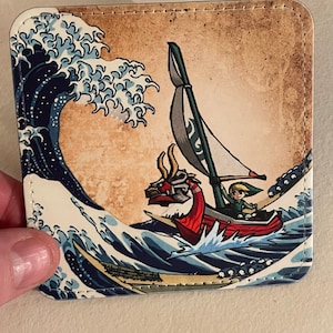 Personalised Faux leather Zelda the great wave inspired coaster