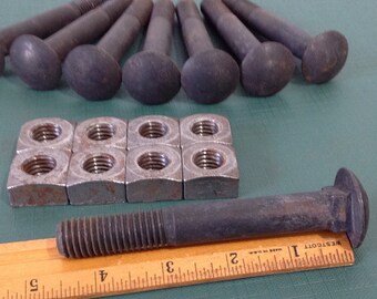 8 Vintage Nuts and Bolts, Industrial Carriage Bolts, New Old Stock Salvaged Hardware - 4 1/2" Bolts with Nuts