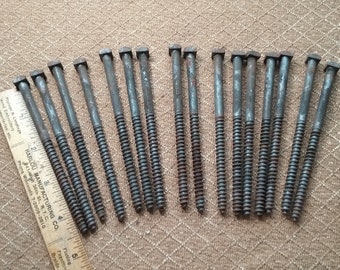 16 Lag Screw Bolts, Rusty Square Head Bolts, 4 1/2" Bolts, Salvaged Hardware, Steampunk, Assemblage, Vintage Woodworking Supply