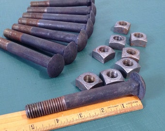 8 Industrial Carriage Bolts and Nuts, 5" Bolts, New Old Stock, Salvaged Hardware