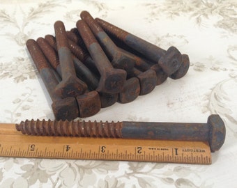12 Rusty Industrial Lag Bolts, 5 1/2" Bolts, Salvaged Hardware, Industrial, Steampunk, Assemblage Supply, New Old Stock, Rusty Bolts