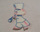 Vintage Marching Band Bear Applique, Pink, Blue, White Juvenile Embroidery Applique, Vintage Embroidered Applique Animals