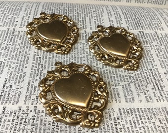 3 Vintage Brass Heart Charms, Stamped Brass Findings, Valentine’s Day Crafts, Brass Jewelry Findings