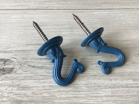 2 Blue Plant Hooks, Ceiling Hooks, Light Hooks, Screw In, Vintage