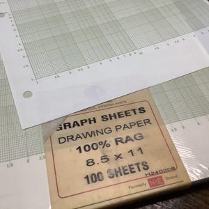 May include: A stack of graph paper sheets with a grid pattern, and a package of drawing paper. The drawing paper package is labeled "GRAPH SHEETS DRAWING PAPER 100% RAG 8.5 x 11 100 SHEETS". The graph paper has pre-punched holes.