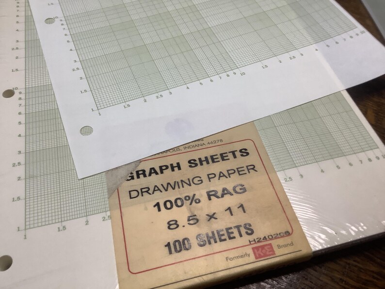 May include: A stack of graph paper sheets with a grid pattern, and a package of drawing paper. The drawing paper package is labeled "GRAPH SHEETS DRAWING PAPER 100% RAG 8.5 x 11 100 SHEETS". The graph paper has pre-punched holes.