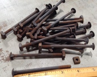 24 Nuts and Bolts, Old Carriage Bolts, Salvaged Hardware Supply, Industrial, Steampunk, Assemblage Supply, New Old Stock Bolts
