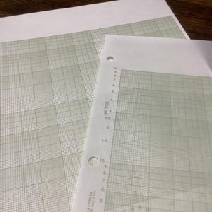 May include: Two sheets of graph paper with a light green grid pattern and pre-punched holes. The sheets are white and have measurements in inches along the left side. One sheet is partially visible, and the other is in the foreground.