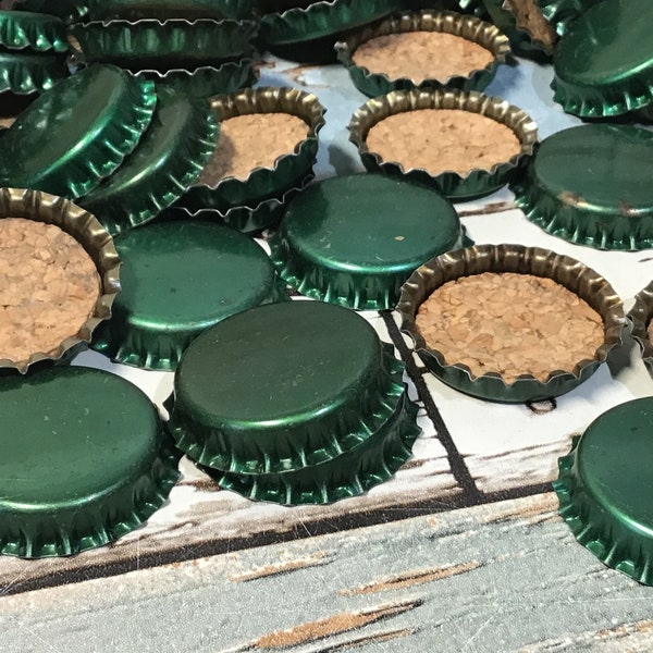 50 Vintage Bottle Caps, Green Gold Bond, Cork Lined