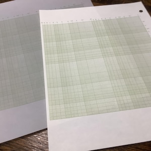 May include: Two sheets of graph paper with a grid pattern. One sheet is a light gray color, and the other is a light green color. The sheets are on a wooden surface. The paper has holes along the left edge.