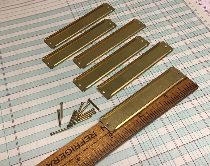 6 Vintage Brass File Drawer Label Holders With Brass Nails, Distressed