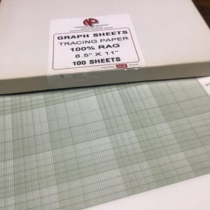 May include: A box of graph sheets with the text "GRAPH SHEETS TRACING PAPER 100% RAG 8.5" X 11" 100 SHEETS". The sheets are green and white with a grid pattern. The box is white.