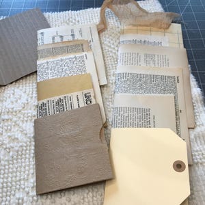 May include: A collection of assorted paper ephemera including vintage book pages with printed text, a piece of corrugated cardboard, a textured tan cardstock pocket, and a cream-colored tag with a circular hole punch at the top edge.