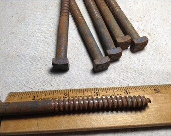 6 Vintage Lag Bolts, Lag Screws, 4 1/2" Bolts, Rusty Bolts, Salvaged Hardware, Hardware Supply, Steampunk, Assemblage, Metal Sculpture