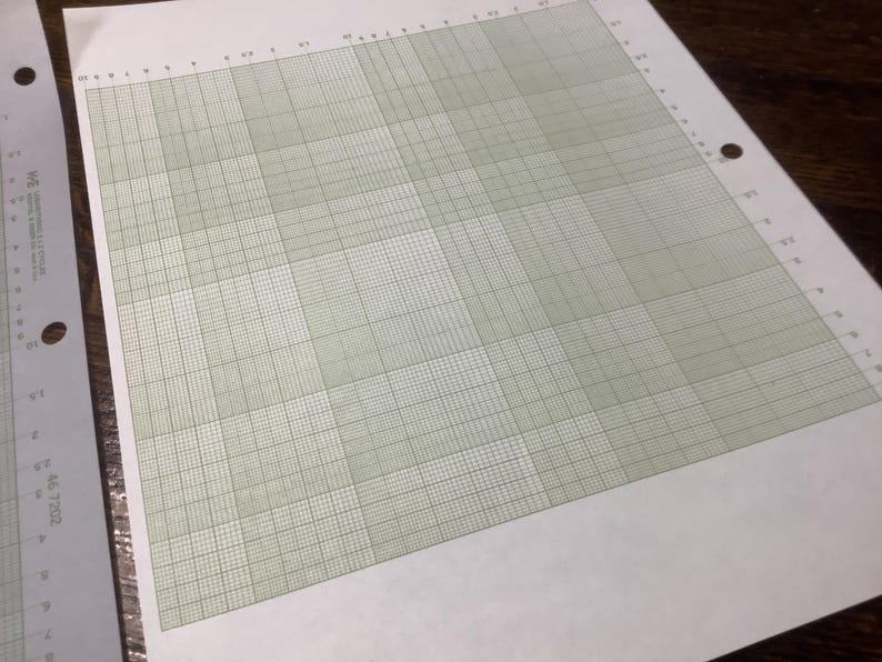 May include: A sheet of graph paper with a grid of light green lines on a white background. The paper has evenly spaced horizontal and vertical lines, creating a series of small squares. The paper has holes on the left side for binding.