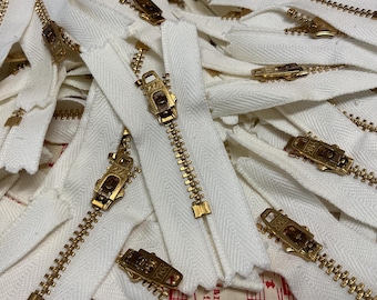 2 Vintage Zippers, White & Brass 2”