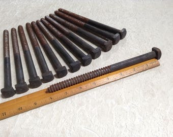 12 Large 8" Industrial Lag Bolts, Vintage Lag Screws, Salvaged Hardware, Restoration Hardware, Industrial, Steampunk, Assemblage Supply