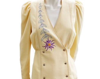 Bill Gibb Vintage Skirt Suit in Cream Wool Crepe with Embroidery, UK10-12