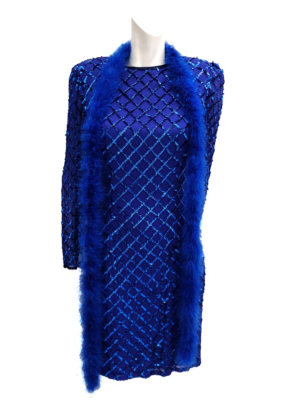 Vintage Sequinned Dress in Electric Blue with Fea… - image 2
